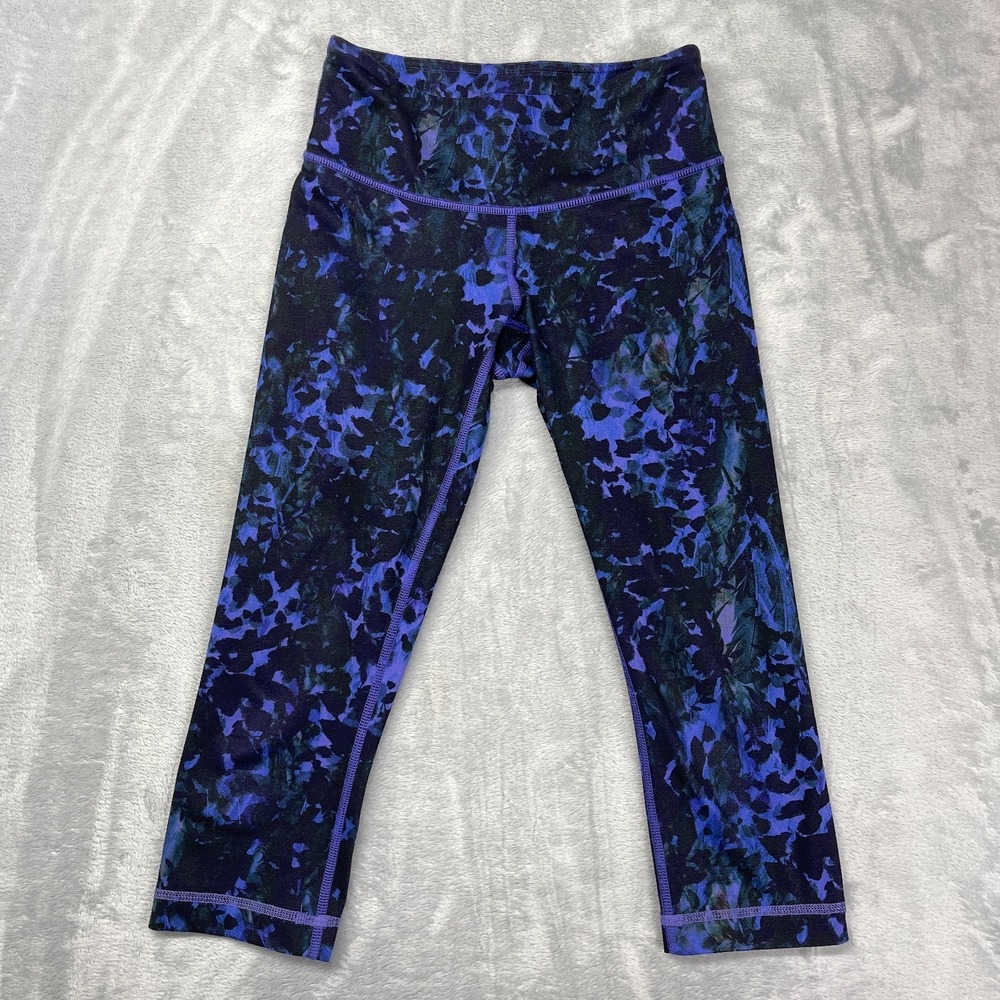 Lululemon Wunder Under Crop Leggings Womens 2‎ (23x24) Purple Black Iris Flower